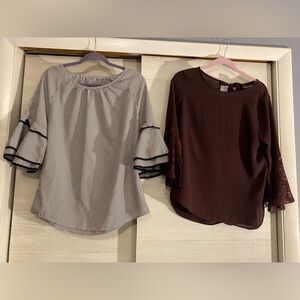 Two Elegant Striped and Lace Bell Sleeve Women's Tops